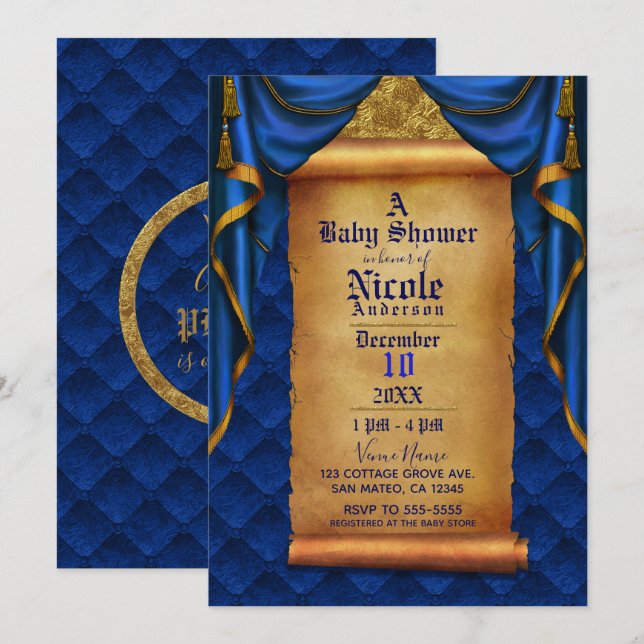 Royal Blue & Gold Drapes Scroll Baby Shower Invitation (Front/Back)