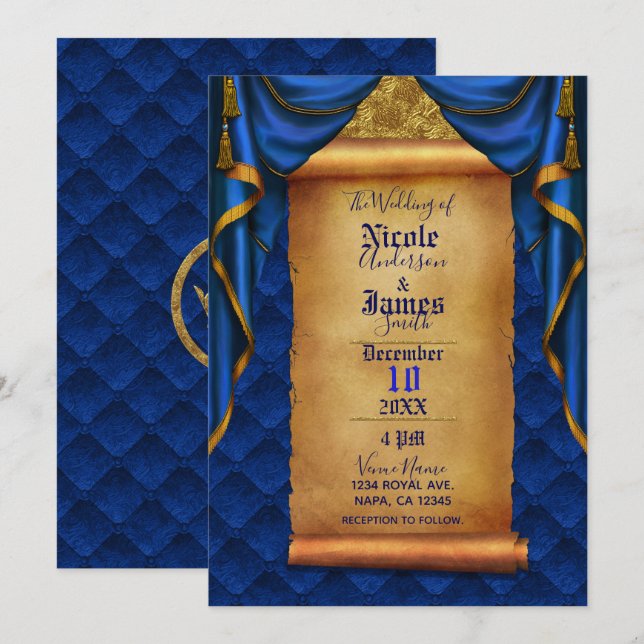 Royal Blue & Gold Drapes Scroll Wedding Invitation (Front/Back)