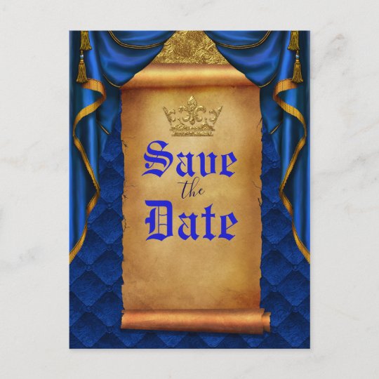 Royal Blue Gold Drapes Scroll Wedding Save Date Announcement