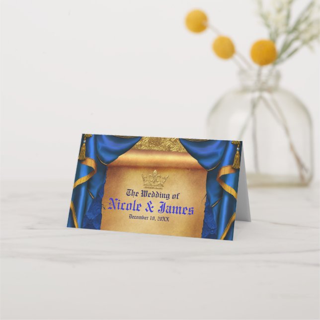 Royal Blue & Gold Drapes Scroll Wedding Table Place Card (Front)