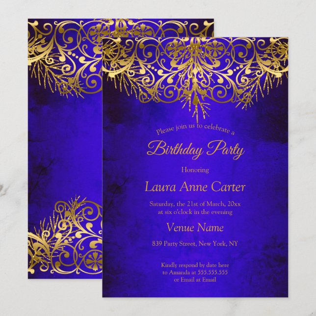 Royal Blue Gold elegant Birthday Party Invitation (Front/Back)