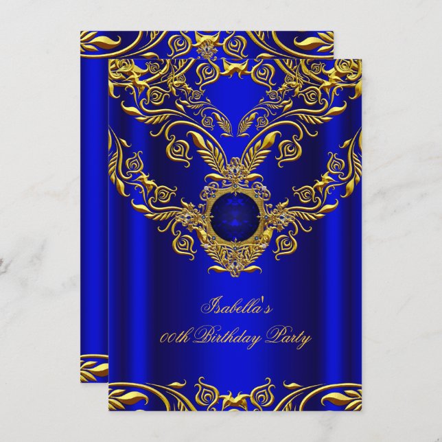 Royal Blue Gold Elegant Elite Birthday Party 2 Invitation (Front/Back)