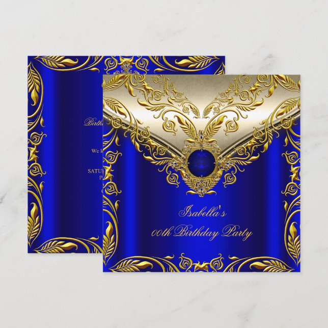 Royal Blue Gold Elegant Elite Birthday Party Invitation (Front/Back)