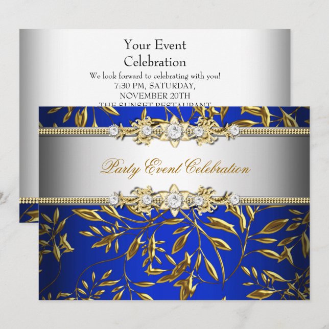 Royal Blue Gold Embossed Look Elegant Party Invitation (Front/Back)