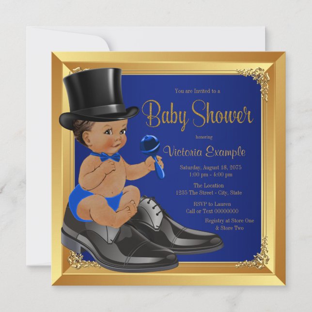 Royal Blue Gold Ethnic Little Man Baby Shower Invitation (Front)