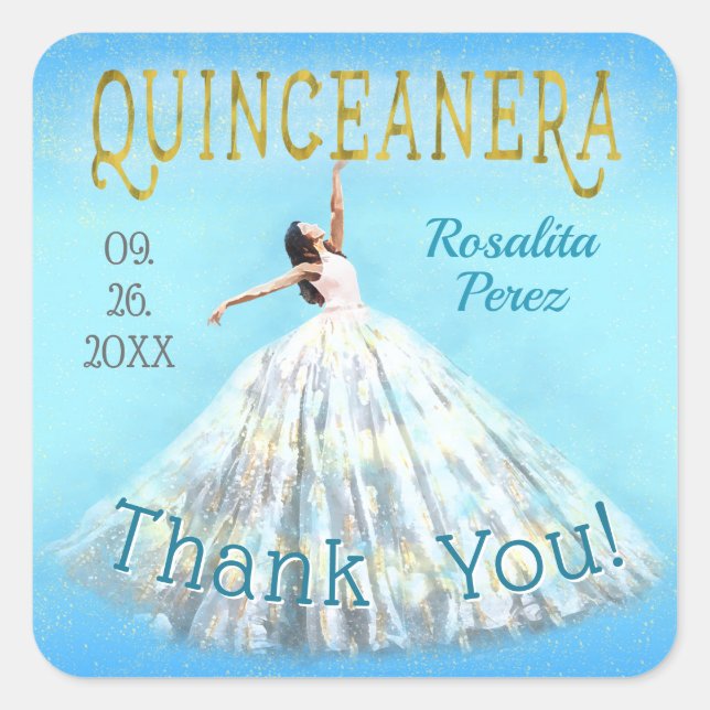 Royal Blue Gold Fancy Dress Quinceanera Thank You Square Sticker (Front)