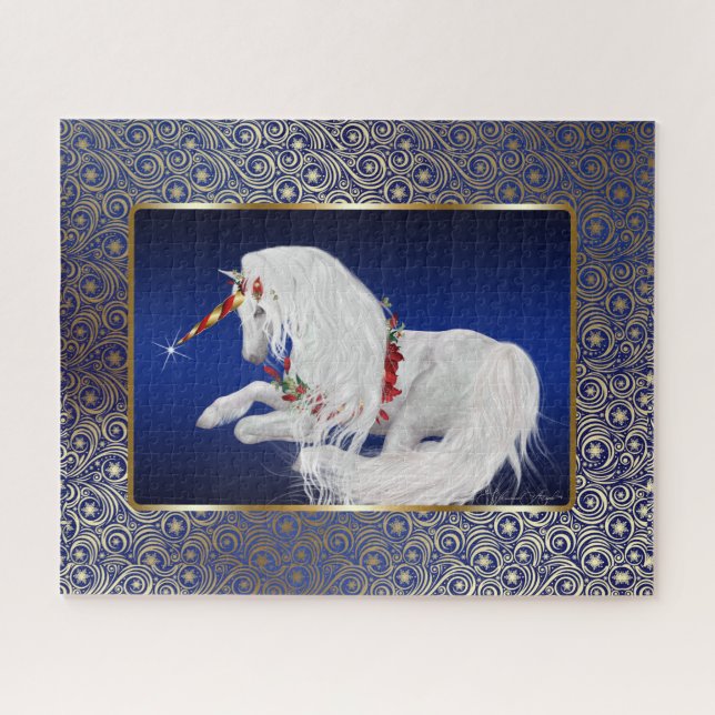 Royal Blue Gold Fantasy Holiday Unicorn Jigsaw Puzzle (Horizontal)
