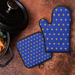 Royal Blue & Gold Fleur de Lis Oven Mitt & Pot Holder Set