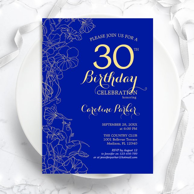 Royal Blue Gold Floral 30th Birthday Party Invitation (Creator Uploaded)