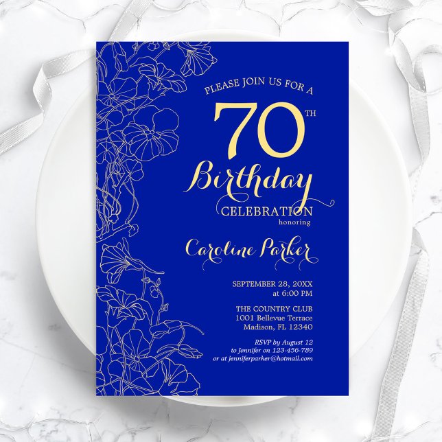 Royal Blue Gold Floral 70th Birthday Party Invitation (Creator Uploaded)
