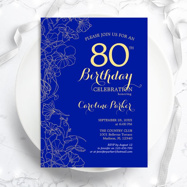 Royal Blue Gold Floral 80th Birthday Party Invitation (Creator Uploaded)