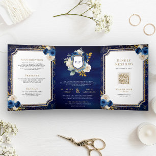 Royal Blue Gold Floral All in One Crest Wedding Tri-Fold Invitation