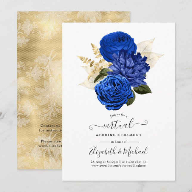 Royal Blue & Gold Floral and Lace Virtual Wedding Invitation (Front/Back)