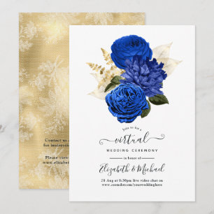 Royal Blue & Gold Floral and Lace Virtual Wedding Invitation