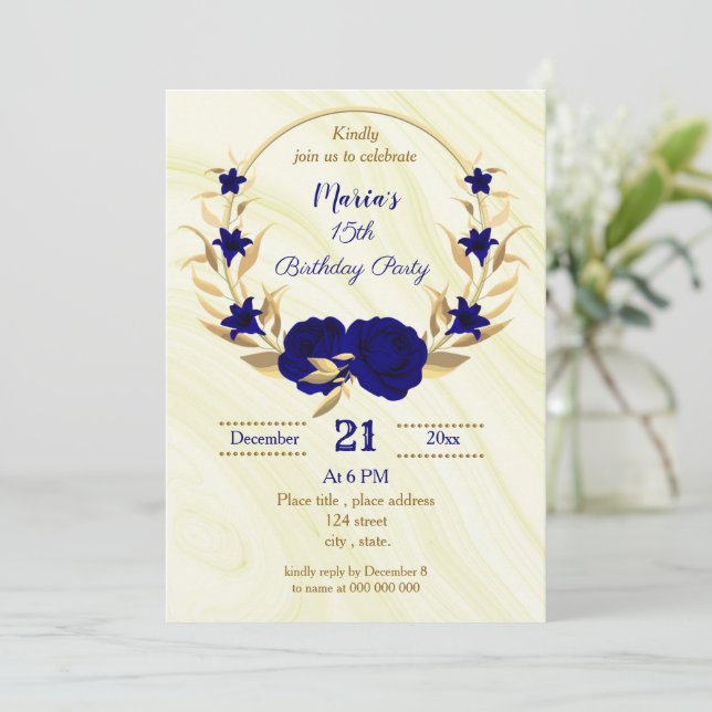 royal blue gold floral birthday invitation (Standing Front)