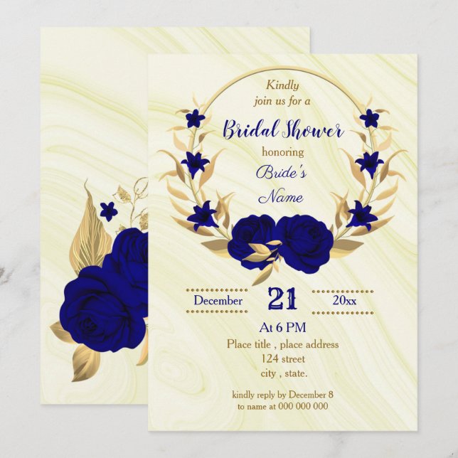 royal blue gold floral bridal shower invitation (Front/Back)