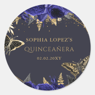 Royal Blue Gold Floral Butterflies Quinceanera  Classic Round Sticker