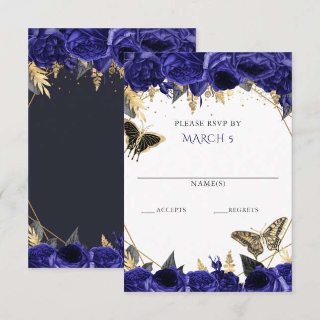 Royal Blue Gold Floral Butterflies Quinceanera RSVP Card (Front/Back)