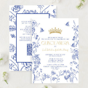 Royal Blue Gold Floral Butterfly QR Quinceañera Invitation