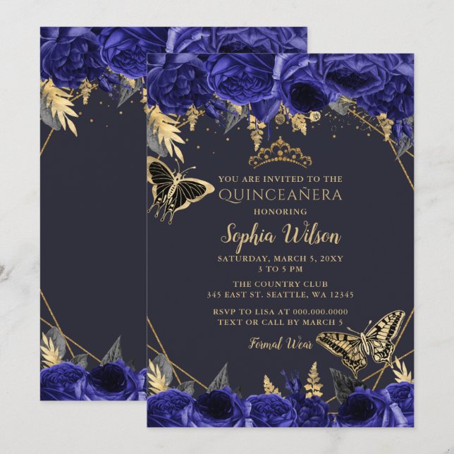 Royal Blue Gold Floral Butterfly Quinceañera Invitation (Front/Back)