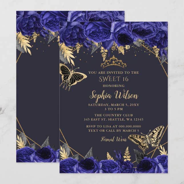 Royal Blue Gold Floral Butterfly Sweet 16 Invitation (Front/Back)