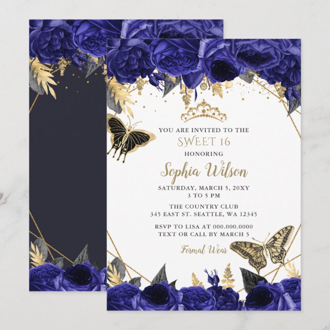 Royal Blue Gold Floral Butterfly Sweet 16 Invitation (Front/Back)
