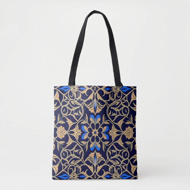 Royal Blue & Gold Floral Elegance Pattern Tote Bag (Front)