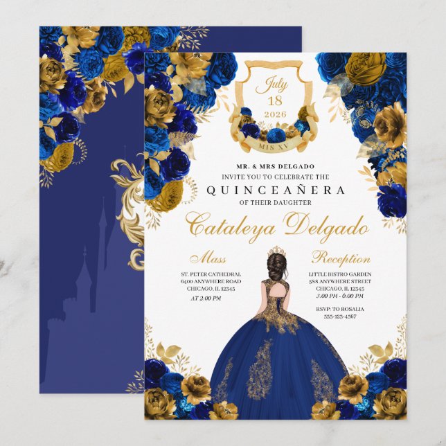 Royal Blue & Gold Floral Elegant Quinceañera Invitation (Front/Back)