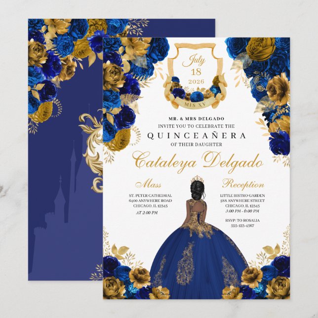 Royal Blue & Gold Floral Elegant Quinceañera Invitation (Front/Back)