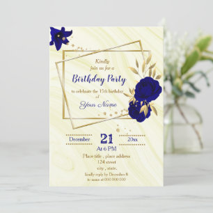 royal blue gold floral geometric birthday party i invitation