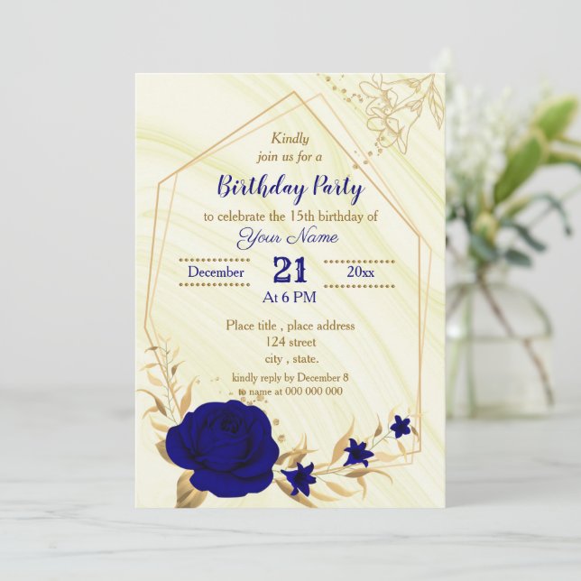 royal blue gold floral geometric birthday party invitation (Standing Front)