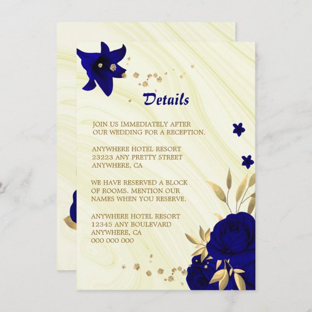Royal blue gold floral marble details enclosure card (Front/Back)