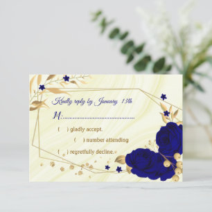 royal blue gold floral marble geometric RSVP card