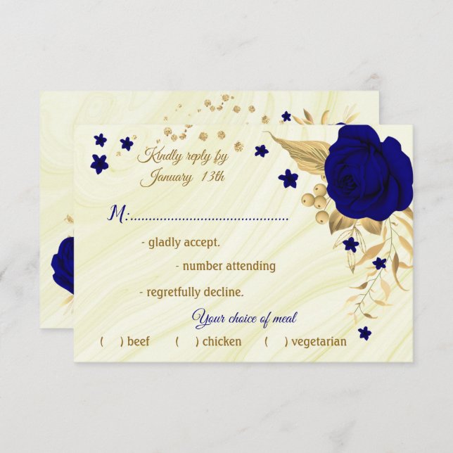 royal blue gold floral marble meal choice RSVP card (Front/Back)