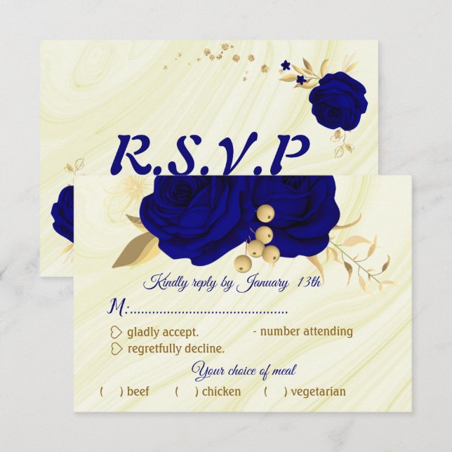 royal blue gold floral marble meal choice RSVP card (Front/Back)