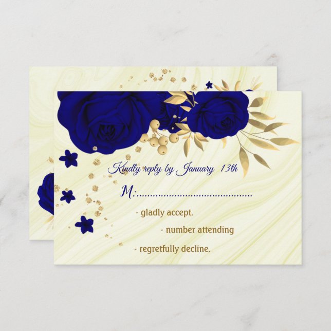 royal blue gold floral marble RSVP card (Front/Back)