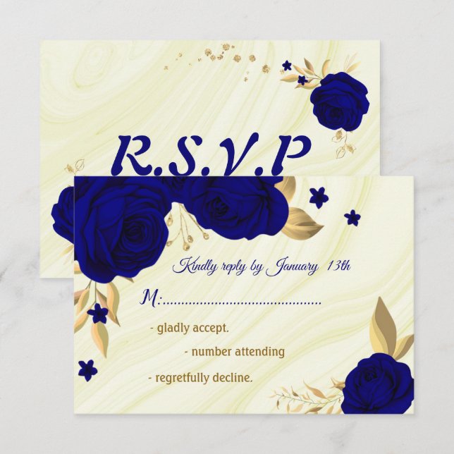 royal blue gold floral marble  RSVP card (Front/Back)