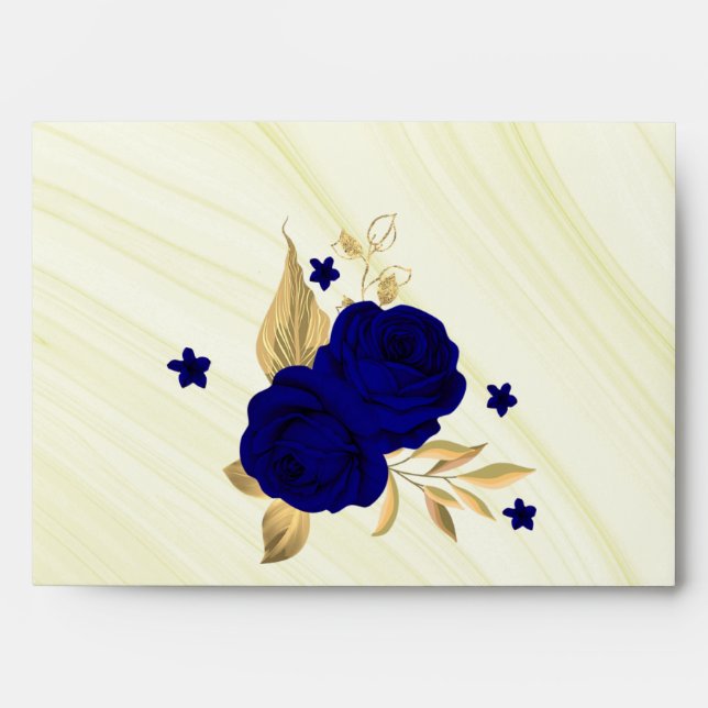 royal blue gold floral marble wedding envelope (Front)