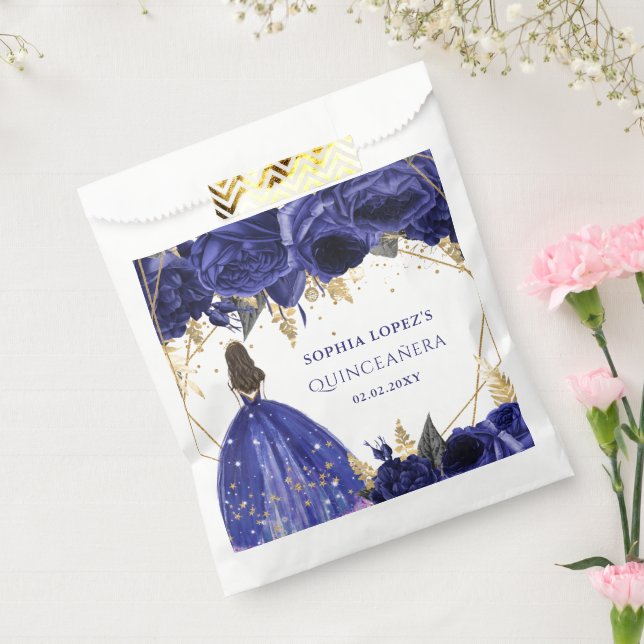 Royal Blue Gold Floral Princess Quinceanera   Favour Bags (Sealed)