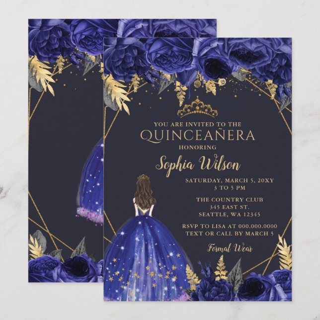 Royal Blue Gold Floral Princess Quinceañera   Invi Invitation (Front/Back)