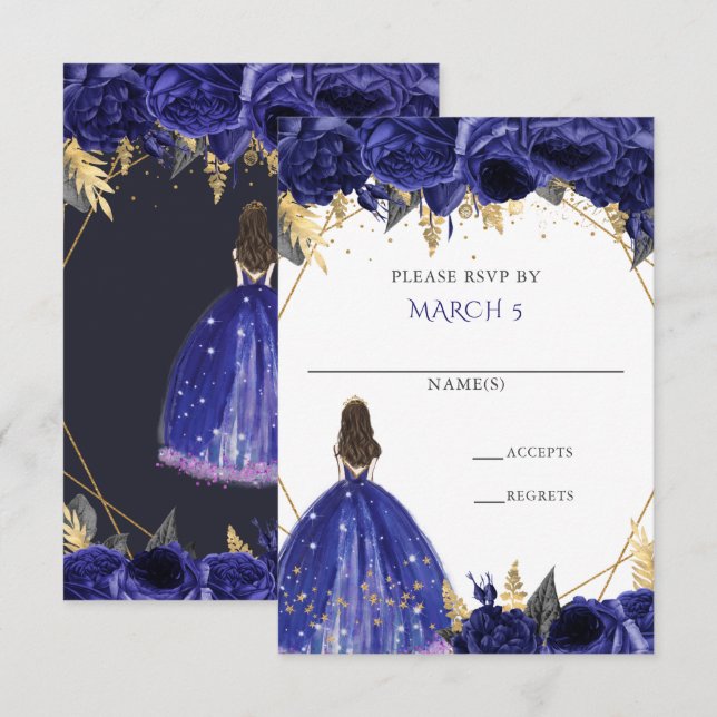 Royal Blue Gold Floral Princess Quinceanera RSVP Card (Front/Back)