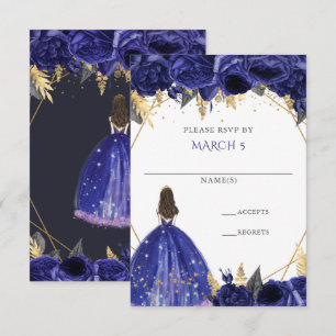 Royal Blue Gold Floral Princess Quinceanera RSVP Card