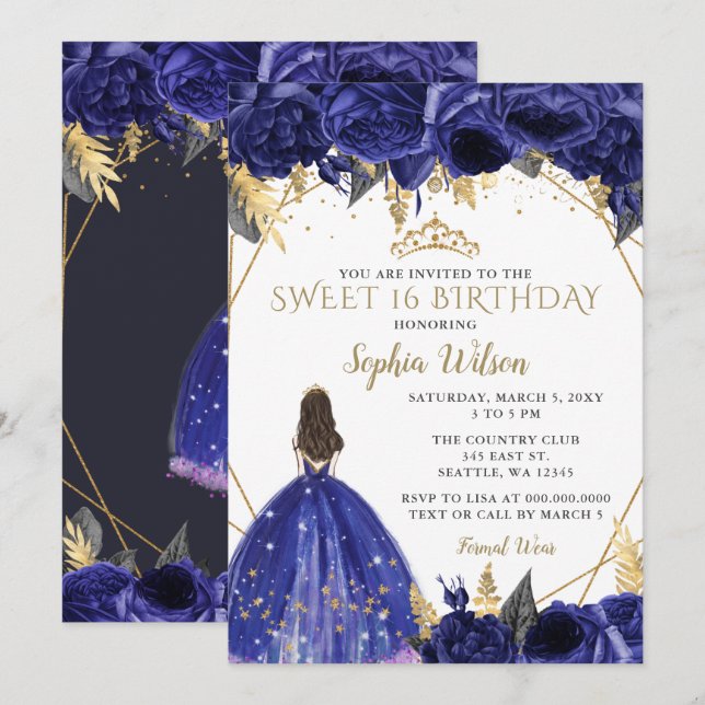 Royal Blue Gold Floral Princess Sweet 16 Invitation (Front/Back)