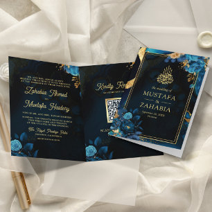 Royal Blue Gold Floral QR Code Muslim Wedding Invitation