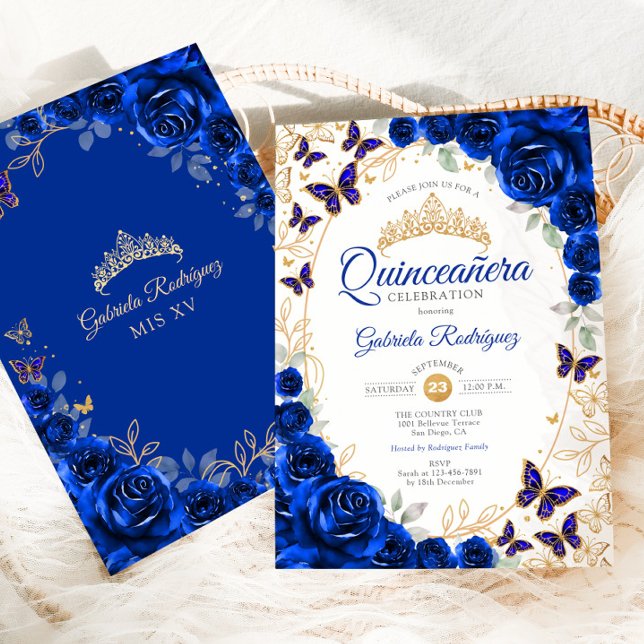 Royal Blue Gold Floral Quinceanera Invitation (Creator Uploaded)