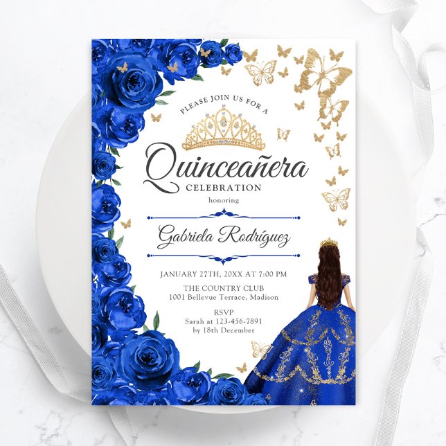 Royal Blue Gold Floral Quinceanera Invitation (Creator Uploaded)