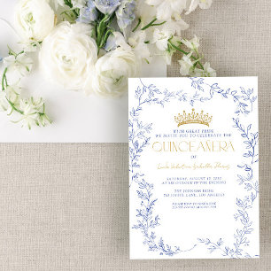 Royal Blue Gold Floral Quinceañera Quince Años Invitation