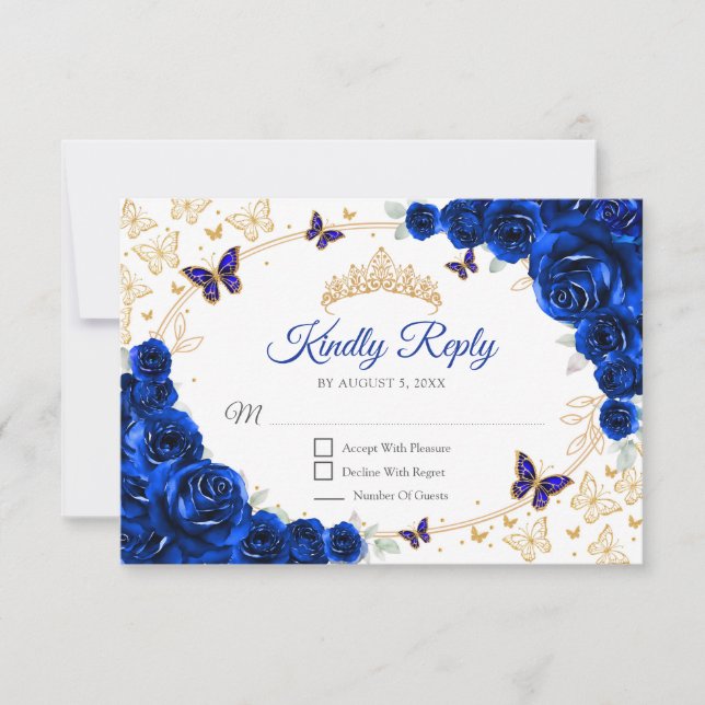 Royal Blue Gold Floral Quinceanera Reply RSVP Card (Front)