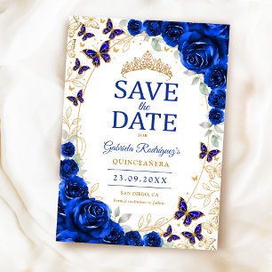 Royal Blue Gold Floral Quinceanera Save The Date