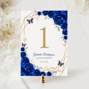 Royal Blue Gold Floral Quinceanera Table Number